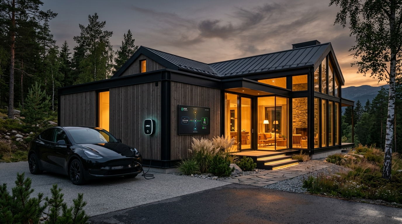 Modern svensk villa med smart energistyrning, elmätare och laddbox för effektavgifter 2026