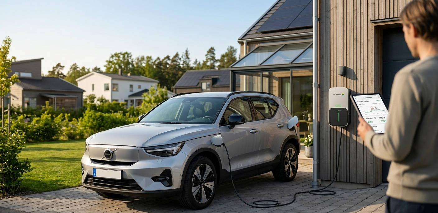 En modern silverfärgad elbil som står parkerad på en stenlagd garageuppfart framför ett vitt trähus. En vit laddbox sitter monterad på väggen och en svart laddkabel är prydligt ansluten till bilens laddport under en klarblå himmel.