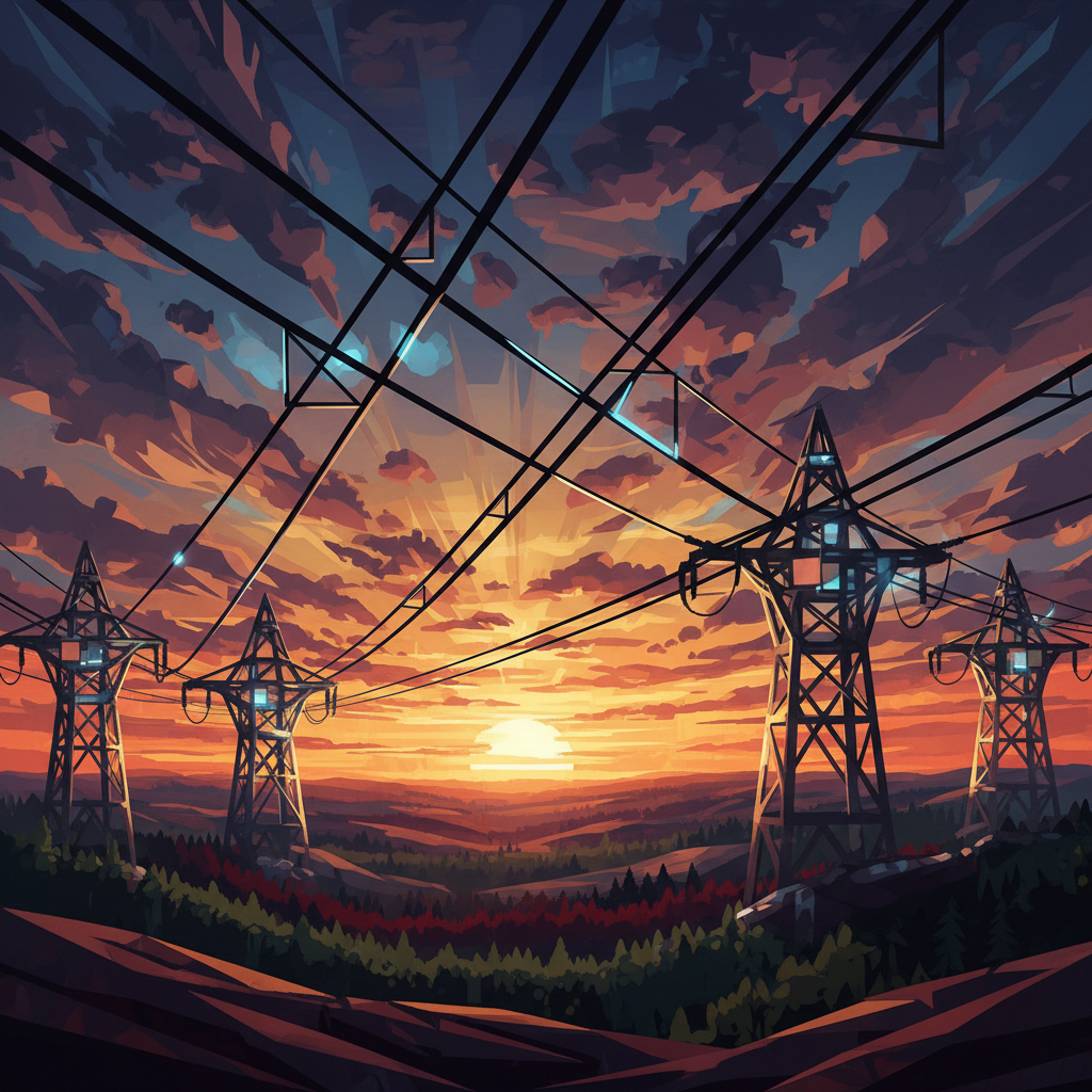 En teknisk illustration av det nordiska elnätet med kraftledningar som sträcker sig över ett skandinaviskt landskap i skymning, symboliserande energiöverföring mellan Sverige, Norge och Finland.