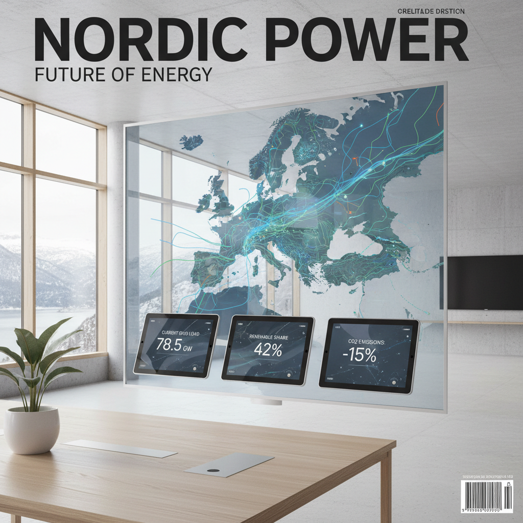 En modern kontrollpanel som visar grafer över svenska spotpriser i realtid med en bakgrund av vindkraftverk och kärnkraftreaktorer under en blå skymningshimmel. Bilden förmedlar en känsla av teknologisk precision och den svenska energimixens bredd.