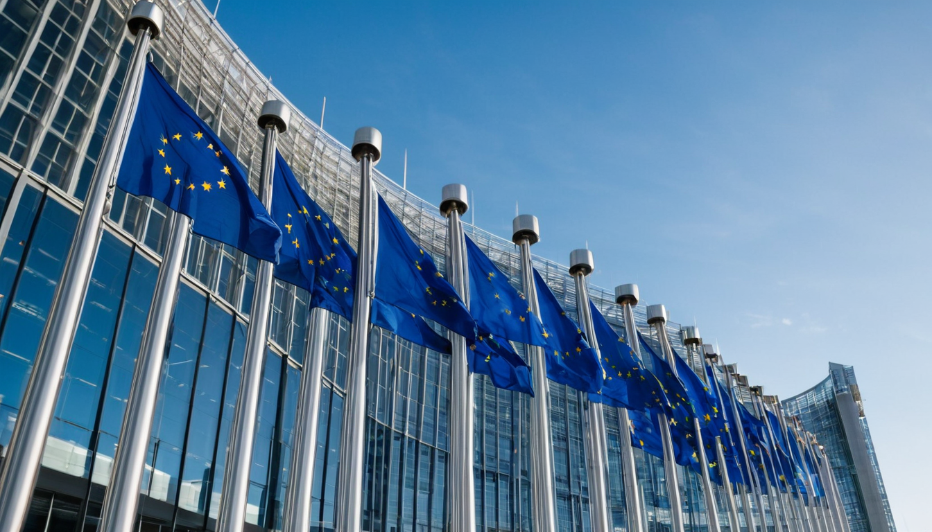 EU-flaggor utanför modern glasbyggnad
