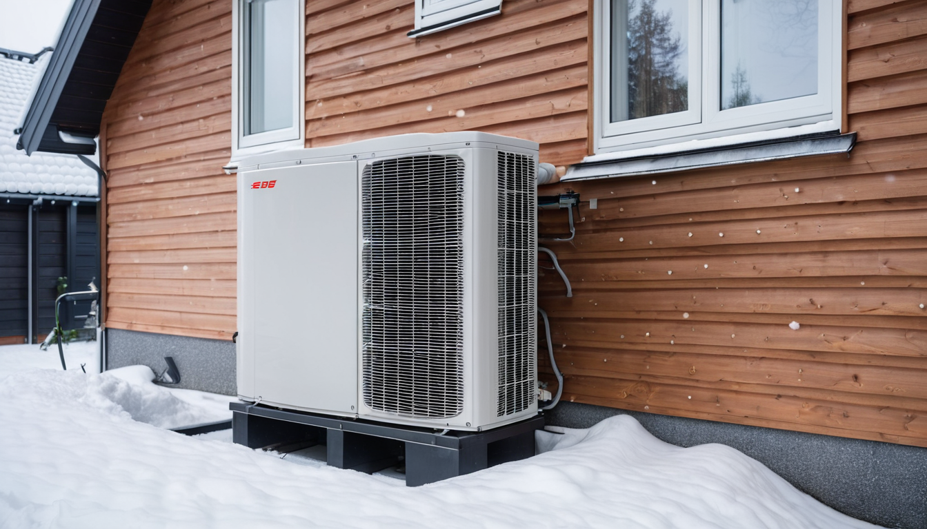 Modern värmepump utanför svenskt hus i lätt snö