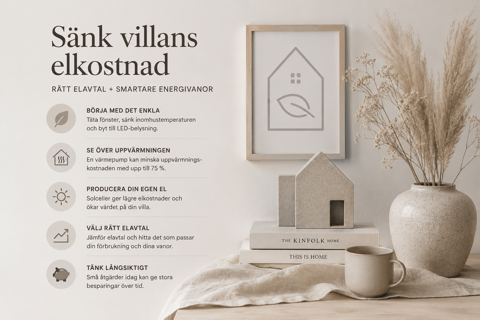 Villa med belyst fasad, symboliserar sänkt elkostnad för villaägare