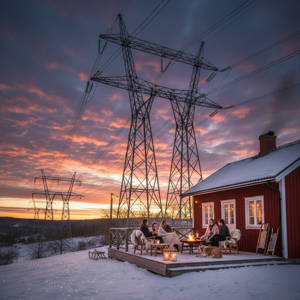 En modern svensk villa med svarta solpaneler installerade på ett sadeltak i söderläge. Solen reflekteras i glasytorna mot en klarblå vårhimmel, omgiven av grönskande björkar och en prydlig trädgård.