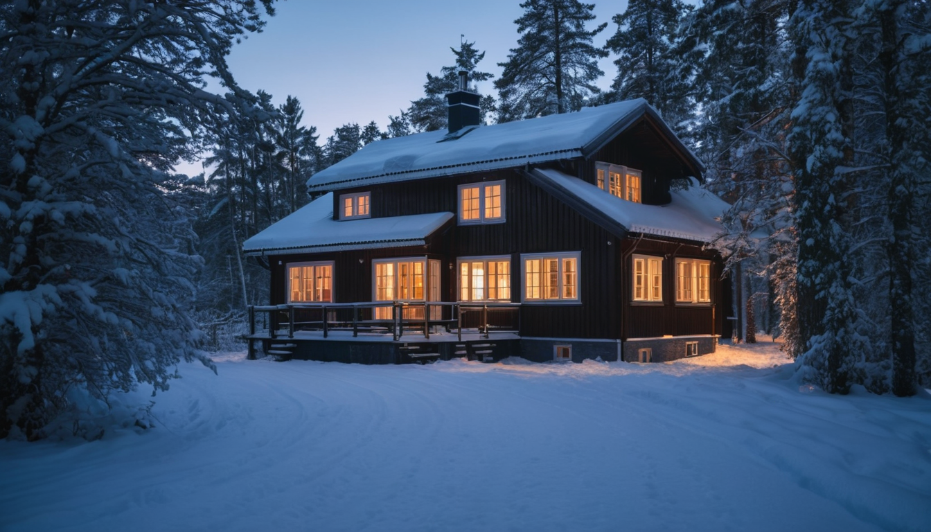 Snötäckt svenskt trähus med varmt lysande fönster i skymningen