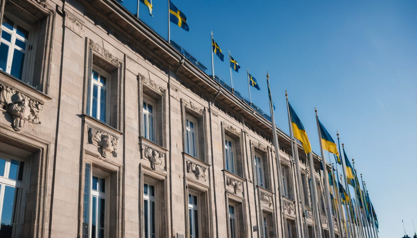 Svensk regeringsbyggnad med flaggor