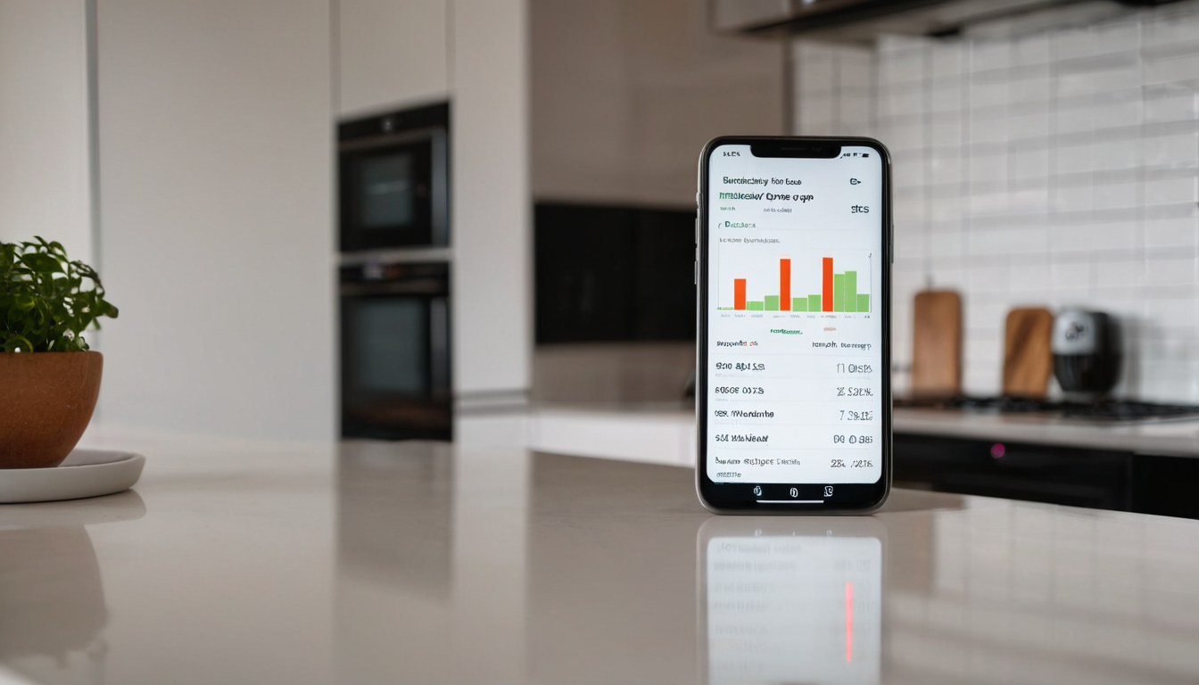Mobilapp som visar timpris på el i modernt kök