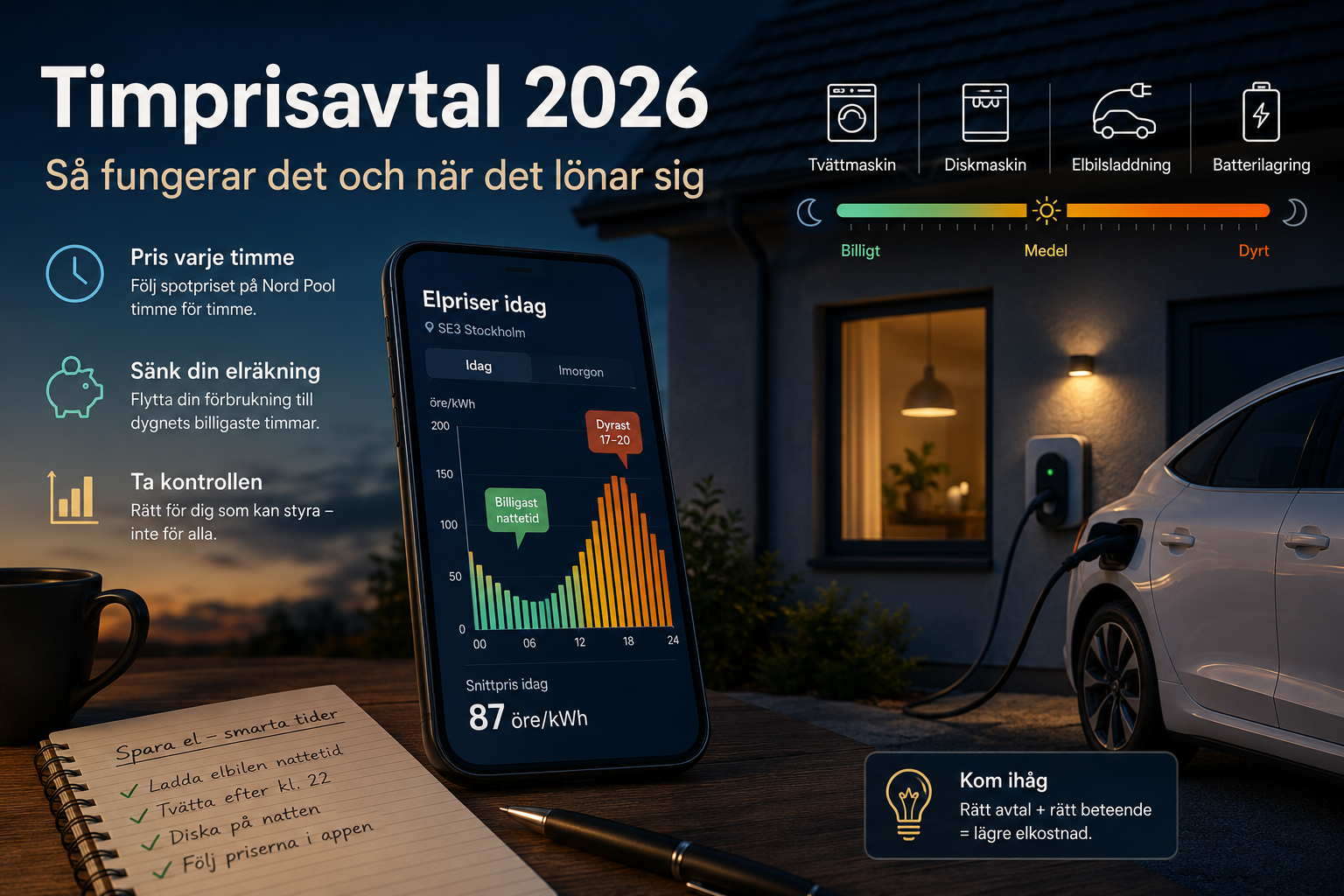 Klocka och elmätare som symboliserar timprisavtal