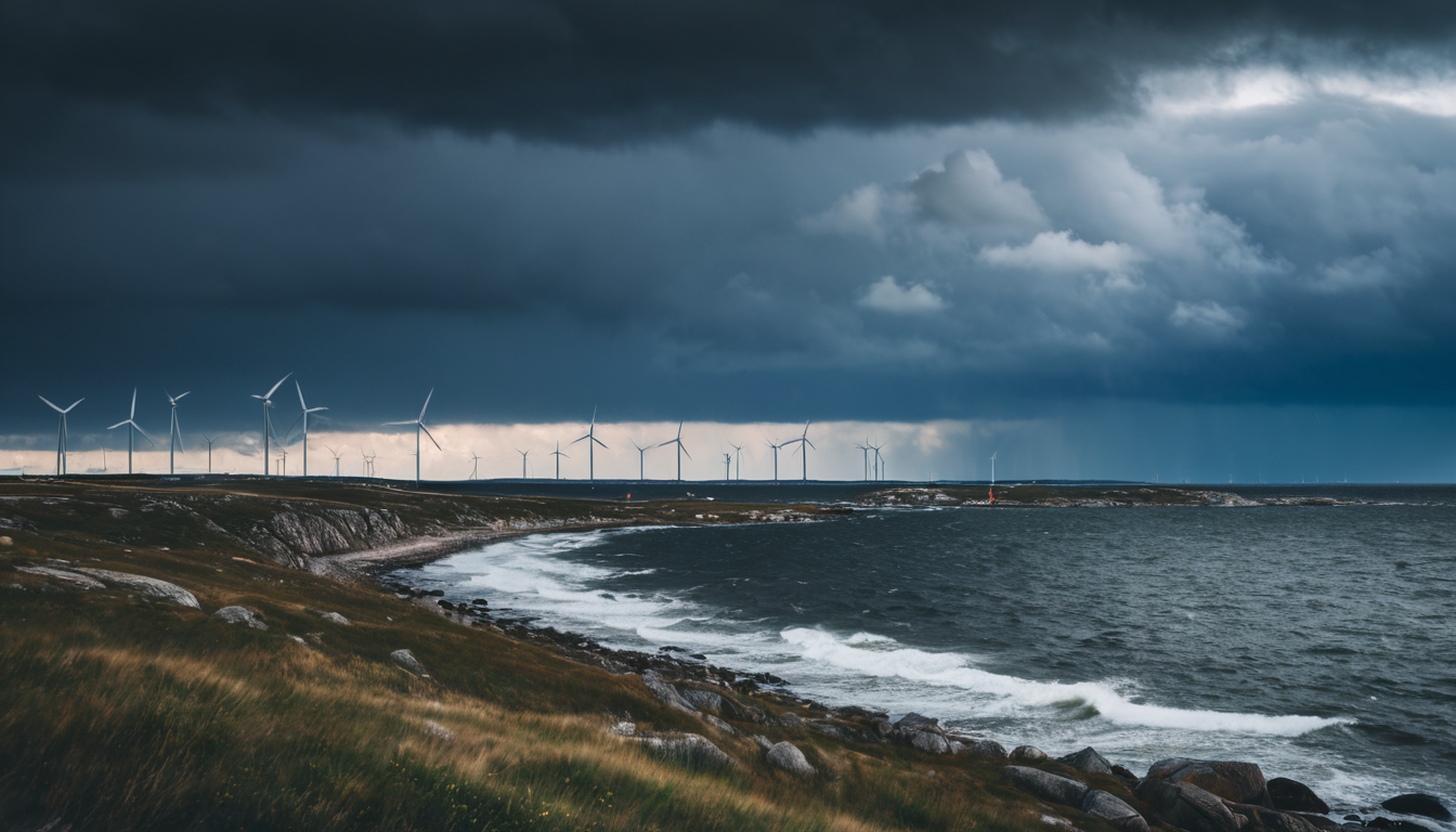 Dramatisk stormig himmel över kustlandskap med vindkraftverk