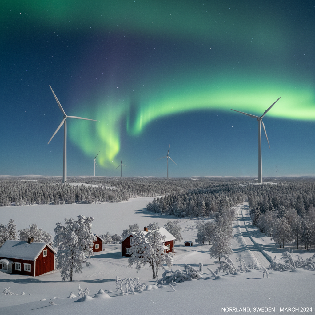 En modern vindkraftspark sedd från ovan under en solnedgång där de vita turbinerna kontrasterar mot den djupgröna svenska skogen och en orange himmel. I bakgrunden syns kraftledningar som transporterar elen mot städerna.
